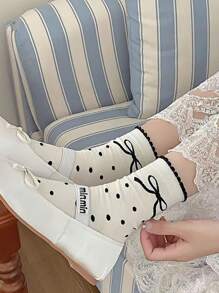 5 pares de nuevos calcetines tipo tripulación con diseño de lazo y volantes para mujer, calcetines largos lindos y dulces con diseños de dibujos animados, cómodos y versátiles, de estilo apto para todas las estaciones