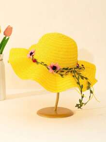 1 件女童米色波浪边太阳帽，带花卉蝴蝶结装饰，波西米亚风格，适合夏季户外活动、海滩度假、日常穿着、母女搭配 - 花環波浪草帽 - 查看 15
