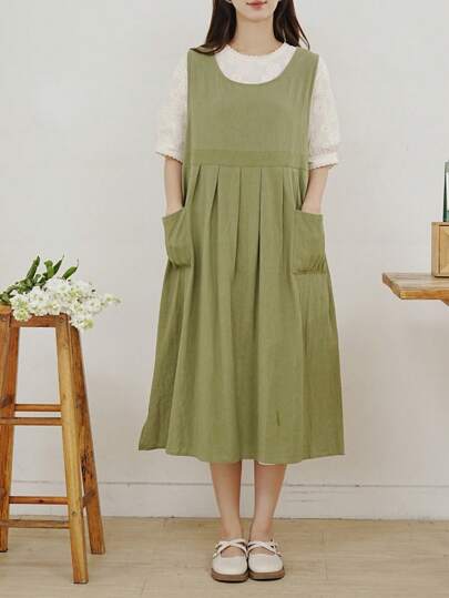 1 PC Plain Apron,Modern And Simple Style Large Size Women One-Piece Side Slit Pleated Lace Up Anti-Fouling Smock,Suitable For Various Occasions-One-Size(44.9x19.7 Inches)