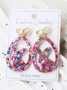1 Pair Acrylic Bling Sequin Rabbit Eggs & Bow Knot Earrings, Exaggerated Festival Party Dangle Studs
