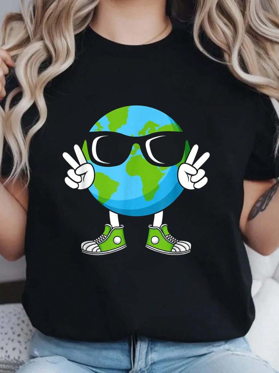 Funny Earth Day Planet Peace Hand Boys Girls Kids Toddlers T-Shirt Print Crew Neck T-Shirt For Summer, Women's Soft Short Sleeve Top, Stylish Comfy Tee For Women Graphic Tees