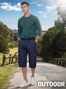 KEFITEVD Hombre Algodón Senderismo Capri Shorts Casual Street 3/4 Largo Verano Cargo Cropped Pants Ligero Debajo Rodilla Corto Pantalones Con 7 Bolsillos, Azul Marino