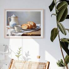 1 Piece, Canvas Hanging, Framed Decorative Painting, Coffee And Bread, Kitchen Still Life, Vintage Farmhouse Decor Art, Oil Painting Print, Country Kitchen Wall Art, Spring Afternoon Tea Decor Mural, French Decor, Spring Home Decor Gifts Birthday Graduation