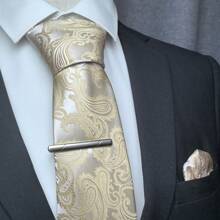 3pcs Set: Men's Classic 3.15-Inch Paisley Necktie, Matching Pocket Square, And Silver Tie Clip Combo, Ideal As Men's Gift, Suitable For Business, Weddings, Grooms, Groomsmen, Parties, Festivals And More - Three-piece Set - View 7