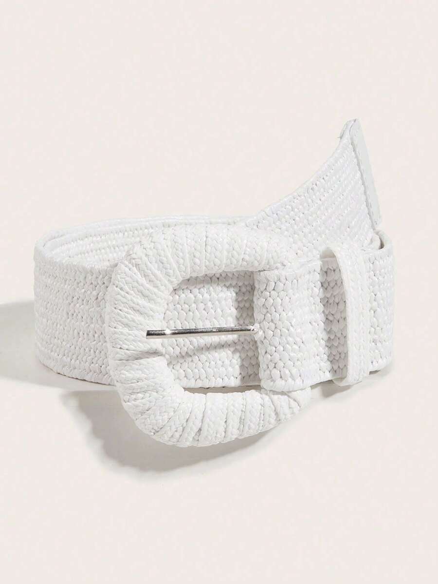 1pc Women's White Woven Buckle Elastic Waist Belt, Suitable For Beach Vacation Summer, School Fall, Autumn, Halloween - White - View 1