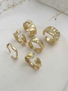 6pcs/Set Vintage Geometric Metallic Gold Asymmetrical Wave Abstract Open Rings, Suitable For Women's Daily And Vacation Decorative Charm Jewelry Set - Yellow Gold - View 6