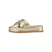 Tamanco Flatform Feminino Chinelo Flat Feminino Sandália Feminina Papete com Tiras Cruzadas e Enfeite Esferas Metalicas - Dourado - Visão 1