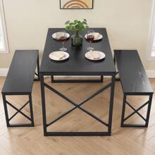 VECELO 3-Pieces Dining Table Set, Rectangle Dinette With 2 Benches, Metal Frame For Dining Room, Living Room, Small Space - Black - View 3