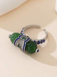 1 par de aretes de joyería de moda para mujer y 1 pieza de anillo de joyería de moda, material de cobre chapado en metal precioso, con piedra de ágata verde multicapa trenzada, patrón retro, adecuado para uso diario, fiestas, vacaciones, regalos, elegante y grácil