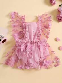 Newborn Baby Girls Rompers Flower Embroidery Mesh Tulle Dress With Headband Infant Summer Outfits Newborn Baby Girl Summer Dress Ruffle Sleeveless Floral Embroidery Romper Dress Headband Beautiful Clothes Set - 粉色 - 查看 1