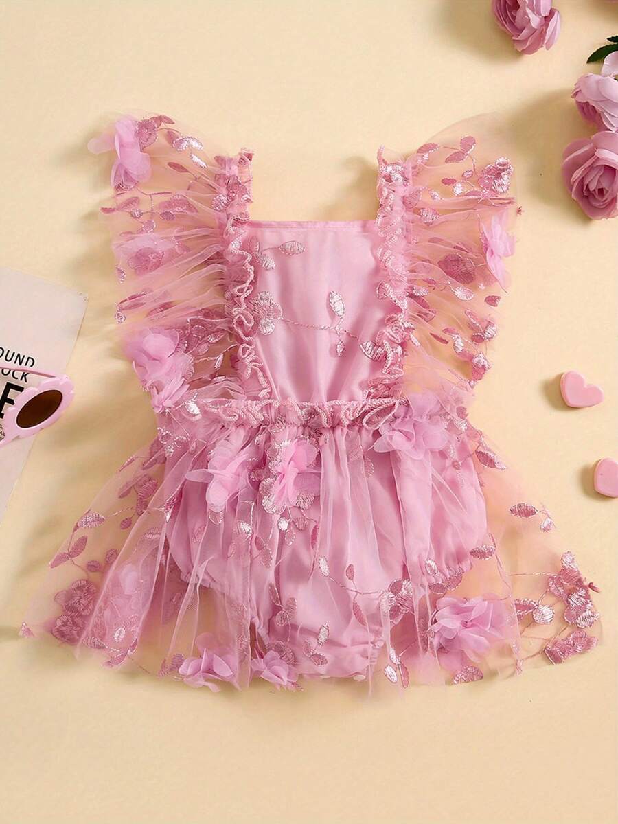 Newborn Baby Girls Rompers Flower Embroidery Mesh Tulle Dress With Headband Infant Summer Outfits Newborn Baby Girl Summer Dress Ruffle Sleeveless Floral Embroidery Romper Dress Headband Beautiful Clothes Set - 粉色 - 查看 1