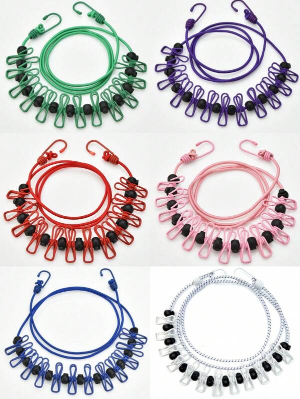 1 Pack Portable Clothesline With 12 Clothespins, Adjustable Elastic Travel Camping Clothesline, Windproof Travel Elastic Retractable Bungee Clothesline For Backyard, Resort Hotel, Balcony Clothes Drying