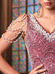 时尚勃艮第女士仿珍珠装饰鱼尾下摆礼服裙 - 酒紅色 - 查看 8