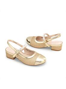 Girls Dress Shoes Slingback Heels Round Toe Pump For Little Big Kids Flower Party Wedding Princess - 金色 - 查看 9