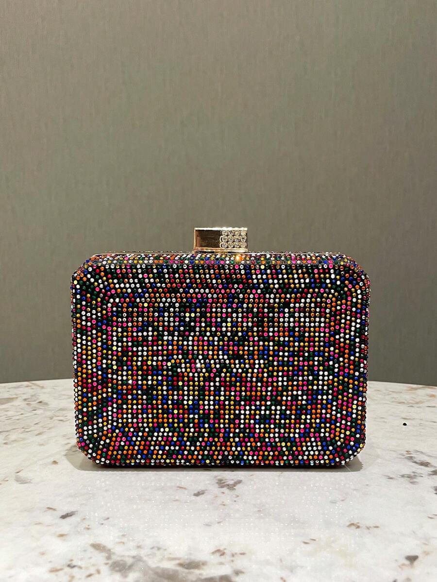 A Colorful Glitter Diamond Rhinestone Decoration Women's Dress Clutch Box Bag Metal Crossbody Chain Fashion Elegant Elegant Classic Square Evening Bag Wedding Bridal Bag Clutch Bag Suitable For Dinner Banquet Party Wedding Dance Party Music Festival Carnival Ladies Use Gift For Women