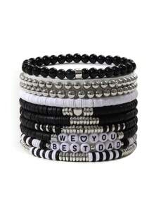 10pcs Black & White Soft Ceramic CCB Letter Beaded Bracelets, Minimalist Elegant Design For Women