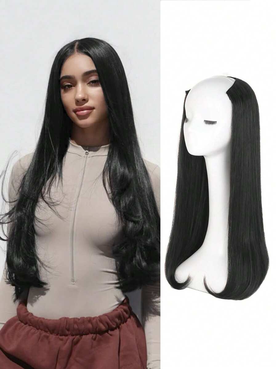 4-Clip Layered V-Shaped Inner Buckle Natural One-Piece Seamless Invisible Hair Extensions For Medium Length Hair (22 Inch/Black) - Black - View 1