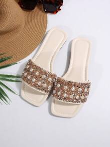 Fashionable & Luxury Women Pearl & Rhinestone Decorated Flat Mules, Square Toe Comfortable Slip On Flats, Multiple Colors Suitable For Stylish Outfits