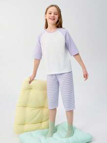 Balabala Tween Girl Slogan Print Contrast Raglan Sleeve Top And Pants Pajama Set - Purple - View 2