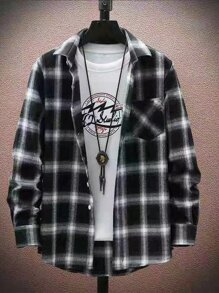 Men's Long Sleeve Plaid Flannel Shirt - 黑色 - 查看 6