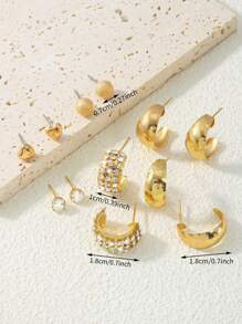 12 件简约女士金属耳环套装，带水钻、纹理和心形耳钉，时尚百搭，适合日常生活或约会、节日礼物珠宝 - 金色 - 查看 5