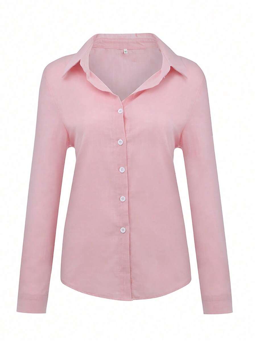 Women's Cotton Linen Blouse Long Sleeves Plus Size - Nuevo rosa - Ver 1