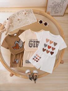 Summer Baby Girls Casual Commuting Letter Print & Heart Leopard Print Round Neck Short Sleeve Top & Printed Shorts 2 Pieces Suit Set