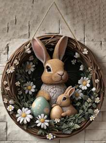 1 pièce Enseigne suspendue de lapin de Pâques - œuvre murale de style bohème avec lapin et design d'œuf, couronne de pâquerettes. Convient pour la porte d'entrée, le porche, le salon, la chambre - Décoration de printemps intérieur/extérieur