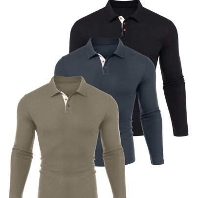 3 Pack Men's Cropped Long Sleeve Polo Shirts Relaxed Fit Basic Shirt Tops