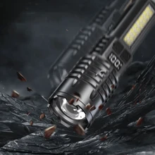 便携式大功率 LED 手电筒带显示屏可充电军用战术手电筒内置 18650 电池应急聚光灯超亮照明露营灯家用户外手电筒 - 黑色 - 查看 10