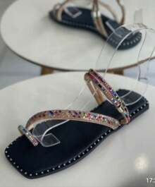 Women's Flat Sandal Model 025 Stras Very Shiny Low Sole Square Super New Release - 黑色 - 查看 3