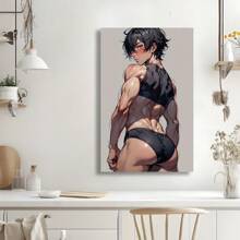 Framed Canvas Wall Art - Black & White Anime Muscle For Man, Sexy Beach Scene Poster For Bedroom, Living Room, Office, Cafe, Bar Decor - High-Quality Print, Ideal Gift, Wall Art Decor,  Perfect For Room Decor