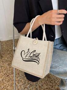 Bolsa de tela con estampado de flor y mariposa, bolsa de tote para dama de honor, bolsa de compras, bolsa plegable y liviana, bolsa de tote portátil y multifuncional con texto "With God" impreso.