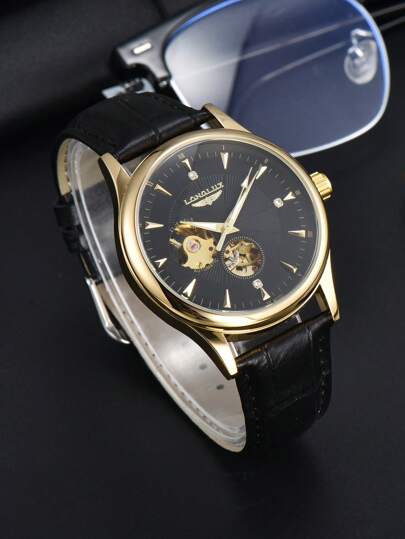 LONGLUX 1 件男士镂空自动机械表，时尚休闲皮表带手表，礼品