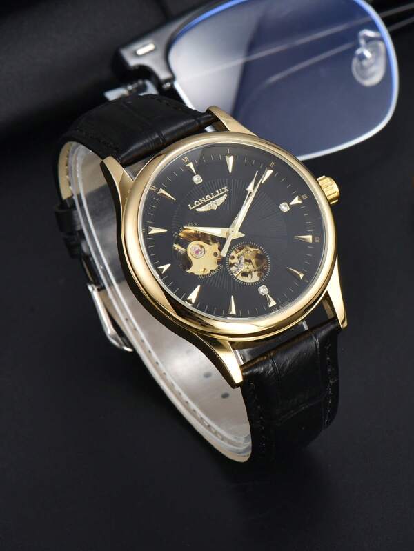 LONGLUX 1pc Men Hollow Automatic Mechanical Watch With Leather Band, Waterproof Casual Watch