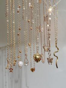 17KM 9pcs/Set Elegant Vintage Heart, Butterfly, Faux Pearl, Rhinestone, Teardrop, Star, Moon Hollow Design Multi-Layer Necklace Set, Suitable For Holiday, Party, Date, Daily Wear As Gift