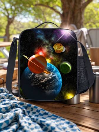 Boys And Girls Printed Insulated Lunch Box For Kids With Side Pocket & Shoulder Strap Lunch Bag, Perfect For School/Camping/Hiking/Picnic/Beach/Travel (Planets, Basketball, Football, Games)