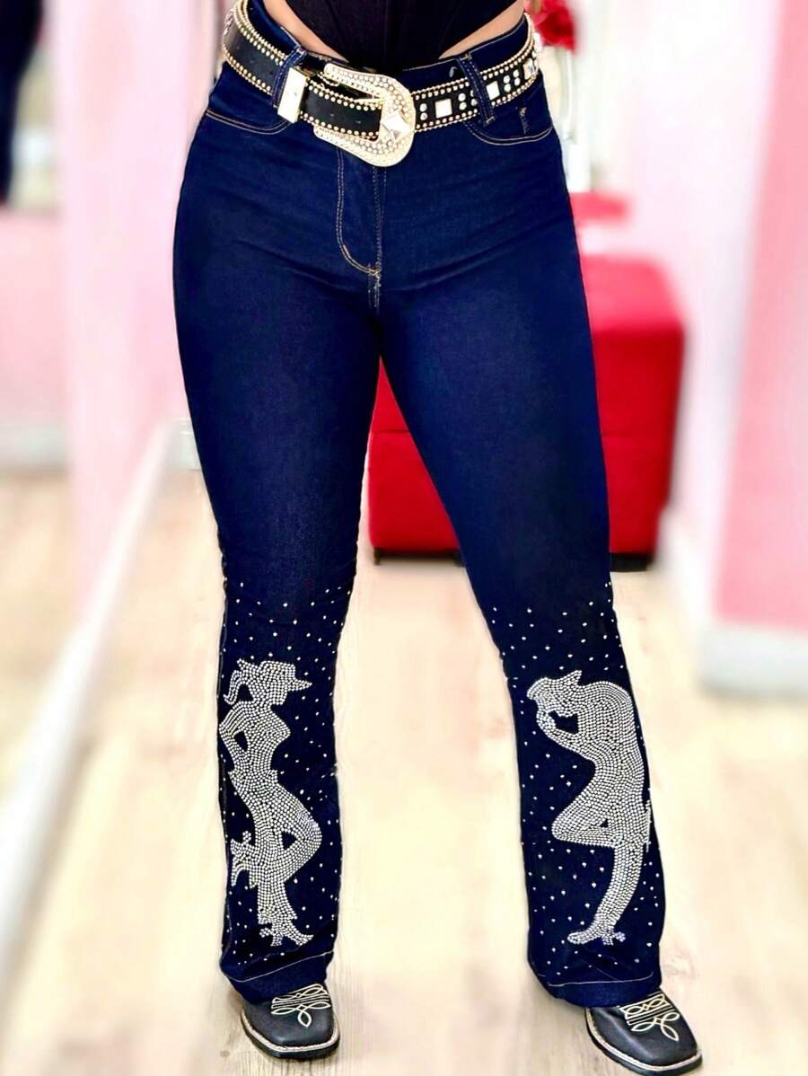 Women's Luxury Country Flare Jeans Cowgirl And Cowboy Rodeo High Waist Premium Line With Rhinestones - Azul Escuro - View 1