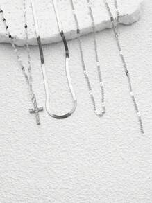 4pcs Set: Fashion Flat Snake Chain Crystal Cross Pendant Necklace For Women - Silver - View 2