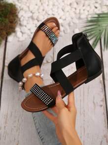 2024 年最新时尚花卉装饰纯色女式平底罗马凉鞋 - 黑色 - 查看 4