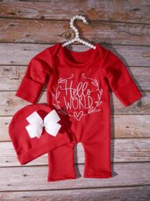 2 件套新生儿拍照服装，Hello World 字母和心形刺绣连体衣，配蝴蝶结无檐小帽，婴儿摄影服装，迎婴派对复活节礼物，适合男孩/女孩 - 彩色 - 查看 7