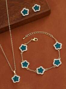 Winglove 4pcs/Set Style Five-Leaf Flower Earrings Necklace Bracelet Jewelry Set - Fashion Lucky Flower Jewelry Set Suitable For Daily Wear Christmas New Year Valentine's Day Holiday Gift - Yellow Gold - View 2