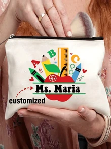 1pc Custom Name Thank You Teacher Personalized Gift Bag, New Cosmetic Bag, Custom Name Logo Cosmetic Bag, Can Be Customized To Your Unique Design, Lightweight Zipper Cosmetic Bag Is Also Perfect For Coin Purse, Pencil Case, Perfect For Shopping, Date, Vacation, Travel, Festival, Party Or As A Gift