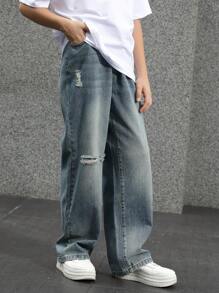 Straight Leg Distressed Splatter Paint Washed Casual Denim Jeans, Edgy High Street Vibe - Light Wash - View 2