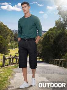 Hombre Algodón Senderismo Capri Shorts Casual Street 3/4 Largo Verano Cargo Cropped Pants Ligero Debajo Rodilla Corto Pantalones Con 7 Bolsillos, Negro
