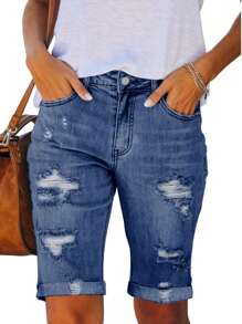 Necooer Women Jean Shorts Ripped Casual Summer Mid Waist Stretchy Five Points Denim Jean Shorts - 藍色 - 查看 2