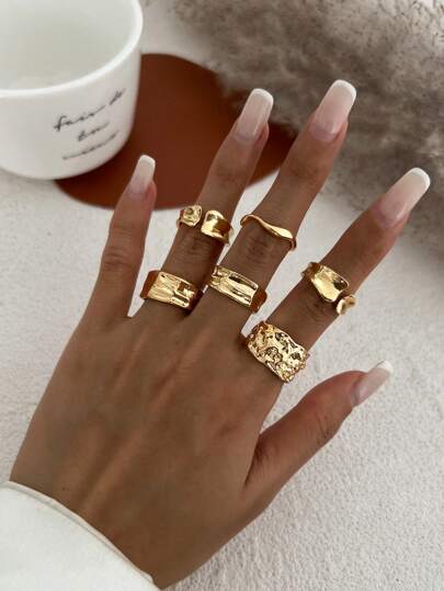 6pcs/Set Vintage Geometric Metallic Gold Asymmetrical Wave Abstract Open Rings, Suitable For Women's Daily And Vacation Decorative Charm Jewelry Set