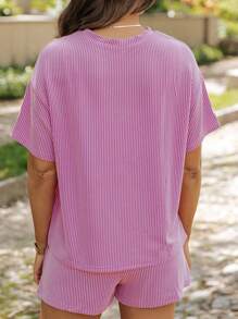 ASVIVID Summer Casual Ribbed Knit Loose T-Shirt And Shorts Set - Hot Pink - View 2