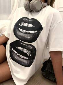 Oversized Casual Minimalist Black & White Lip Print Round Neck Short Sleeve T-Shirt For Women, Loose Fit Summer Tee, Unisex - 白色 - 查看 5