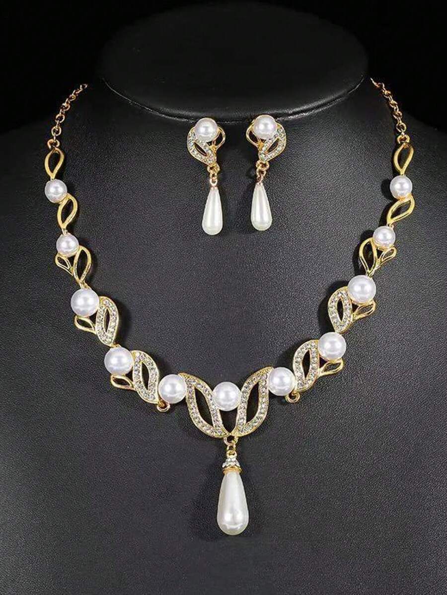 3 pièces Collier en perles plaqué or, ensemble de boucles d'oreilles, ensemble de bijoux de mariage pour femmes, boucles d'oreilles en perles, 3 couleurs disponibles (or/argent/or rose)